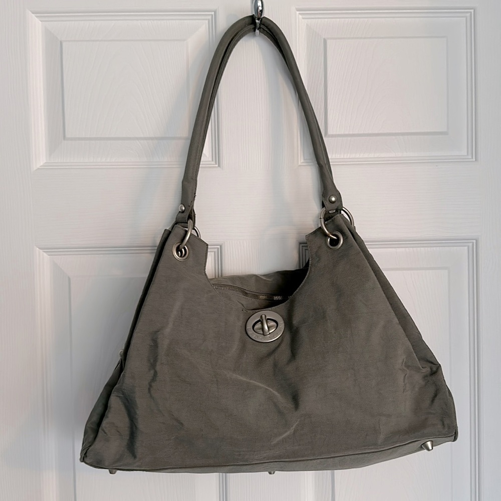 Baggalini gray/yellow nylon travel bag with slit for over suitcase handle
